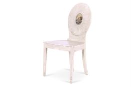 A GEORGE III LATER GREY PAINTED HALL CHAIR IN THE MANNER OF INCE AND MAYHEW