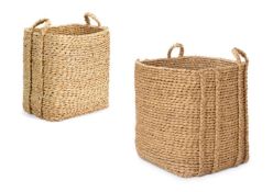 A LARGE WOVEN WICKER LOG BASKET WITH TWO CARRYING HANDLES, MODERN