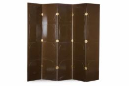 A BRASS MOUNTED BROWN PAINTED FIVE FOLD SCREEN, MODERN