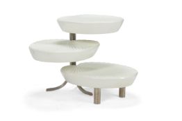 A WHITE LACQUER AND STEEL THREE-TIER ROTATING SIDE TABLE, LATE 20TH CENTURY