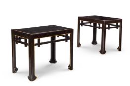 A MATCHED PAIR OF DARK AUBERGINE AND GILT PAINTED OCCASIONAL TABLES IN THE CHINESE STYLE