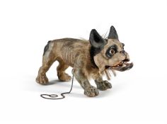 A FRENCH PAPIER-MACHE 'BARKING BULLDOG' PULL-ALONG AUTOMATON