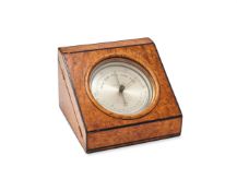 Y A VICTORIAN BRASS ANEROID BAROMETER WITH THERMOMETER IN A POLLARD OAK DESK-TOP CASE