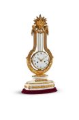 A FINE FRENCH LOUIS XVI ORMOLU MOUNTED WHITE MARBLE LYRE-SHAPED MANTEL CLOCK