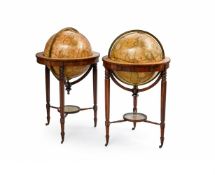 A FINE MATCHED PAIR OF REGENCY 21 INCH TERRESTRIAL AND CELESTIAL FLOOR-STANDING LIBRARY GLOBES