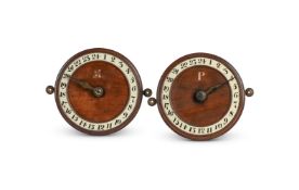 A RARE PAIR OF TURNED MAHOGANY TWENTY-FOUR HOUR COACHING TIME DIALS
