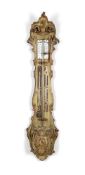 AN UNUSUAL VENETIAN CARVED GILTWOOD AND GREEN JAPANNED MERCURY STICK BAROMETER