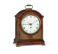 A GEORGE III BRASS MOUNTED MAHOGANY BRACKET ALARM TIMEPIECE WITH FIRED ENAMEL DIAL