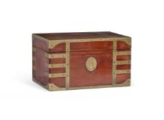 A GEORGE III BRASS BOUND MAHOGANY SMALL CAMPAIGN STRONGBOX