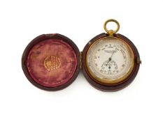 A LATE VICTORIAN GILT ANEROID POCKET BAROMETER WITH ALTIMETER SCALE AND BOURDON PATTERN THERMOMETER