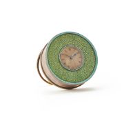 Y A GEORGE V SHAGREEN INSET SILVER AND ENAMEL TRAVELLING TIMEPIECE