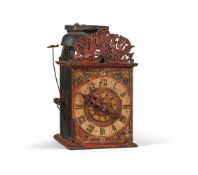 A FINE AND RARE SWISS POLYCHROME PAINTED WEIGHT-DRIVEN WOODEN CHAMBER CLOCK WITH ALARM