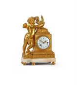 A FRENCH LOUIS XVI ORMOLU AND WHITE MARBLE FIGURAL MANTEL CLOCK
