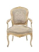 A PAINTED AND PARCEL GILT ARMCHAIR, IN GEORGE III STYLE, 19TH CENTURY