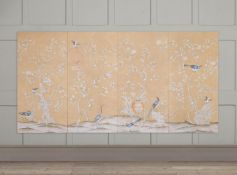 A SET OF FOUR 'ASKEW' PATTERN CHINOISERIE PANELS HAND PAINTED ON A STATUE COLOURED INDIA TEA PAPER