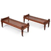 Y A PAIR OF EXOTIC HARDWOOD HALL BENCHES OR WINDOW SEATS, IN REGENCY STYLE, LATE 20TH CENTURY
