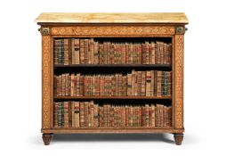 A REGENCY POLLARD OAK MARQUETRY AND GILT BRONZE MOUNTED OPEN BOOKCASE, CIRCA 1815