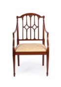 A PAIR OF EDWARDIAN CARVED SATINWOOD OPEN ARMCHAIRS, IN GEORGE III STYLE, CIRCA 1900