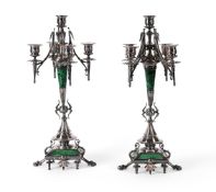 A PAIR OF MALACHITE MOUNTED SILVER PLATE FIVE LIGHT CANDELABRA, LATE 19TH OR EARLY 20TH CENTURY