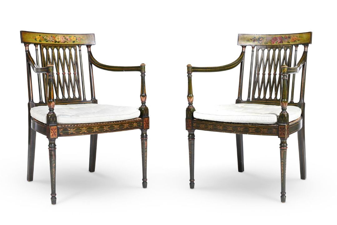 A PAIR OF GREEN AND POLYCHROME PAINTED OPEN ARMCHAIRS, 19TH CENTURY - Image 2 of 4