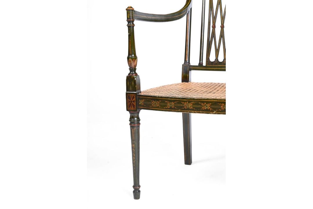 A PAIR OF GREEN AND POLYCHROME PAINTED OPEN ARMCHAIRS, 19TH CENTURY - Image 4 of 4