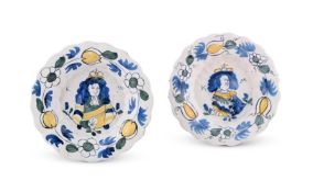 A PAIR OF DUTCH DELFT POLYCHROME ROYAL COMMEMORATIVE PORTRAIT SCALLOP-EDGE DISHES