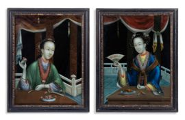A PAIR OF CHINESE EXPORT REVERSE PAINTINGS DEPICTING FEMALE COURTIERS, EARLY 19TH CENTURY