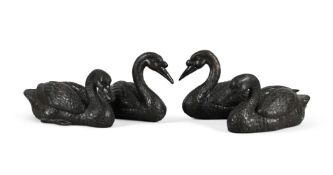 TWO PAIRS OF CAST BRONZE DUCKS AND SWANS, MODERN