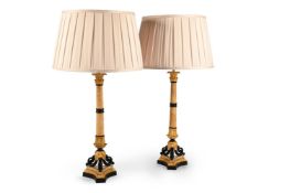 A LARGE PAIR OF FRENCH GILT AND PATINATED BRONZE MOUNTED SIENA MARBLE LAMP BASES, MID 19TH CENTURY