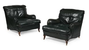 A PAIR OF MAHOGANY AND GREEN LEATHER UPHOLSTERED ARMCHAIRS, LATE 19TH OR EARLY 20TH CENTURY