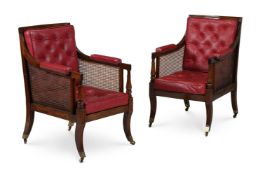 A PAIR OF REGENCY MAHOGANY LIBRARY ARMCHAIRS, IN THE MANNER OF GILLOWS, CIRCA 1815