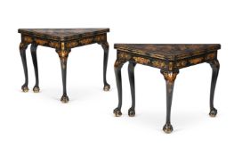 A PAIR OF BLACK LACQUER AND CHINOISERIE DECORATED TRIANGULAR CARD TABLES, FIRST QUARTER 20TH CENTURY