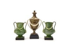 A WEDGWOOD & BENTLEY PEARLWARE 'SURFACE AGATE' CASSOLETTE URN AND BLACK BASALT BASE, CIRCA 1769-80