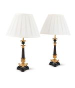 A PAIR OF BRONZE AND PARCEL GILT TRIFORM CANDLESTICK LAMP BASES, MID 19TH CENTURY