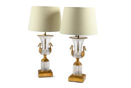 A PAIR OF GILT METAL MOUNTED MOULDED GLASS TABLE LAMPS, IN EMPIRE STYLE, 20TH CENTURY