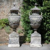 A LARGE PAIR OF STONE COMPOSITION SWEDISH STYLE GARDEN URNS, CONTEMPORARY