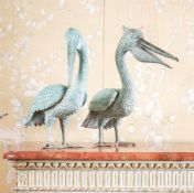 A LARGE PAIR OF VERDIGRIS BRONZE PELICANS, LATE 20TH CENTURY