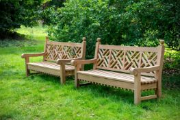 A PAIR OF LARGE TEAK GARDEN BENCHES, 20TH CENTURY