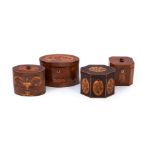 Y A GROUP OF FOUR GEORGE III SPECIMEN MARQUETRY TEA CADDIES, CIRCA 1770