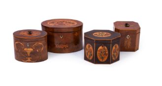 Y A GROUP OF FOUR GEORGE III SPECIMEN MARQUETRY TEA CADDIES, CIRCA 1770
