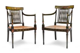 A PAIR OF GREEN AND POLYCHROME PAINTED OPEN ARMCHAIRS, 19TH CENTURY
