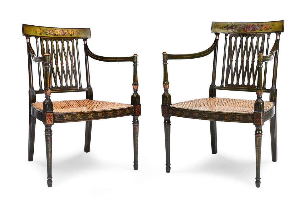 A PAIR OF GREEN AND POLYCHROME PAINTED OPEN ARMCHAIRS, 19TH CENTURY - Image 1 of 4