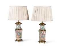 A PAIR OF FRENCH GILT METAL MOUNTED CHINESE FAMILLE ROSE LAMP BASES, SECOND HALF OF THE 19TH CENTURY