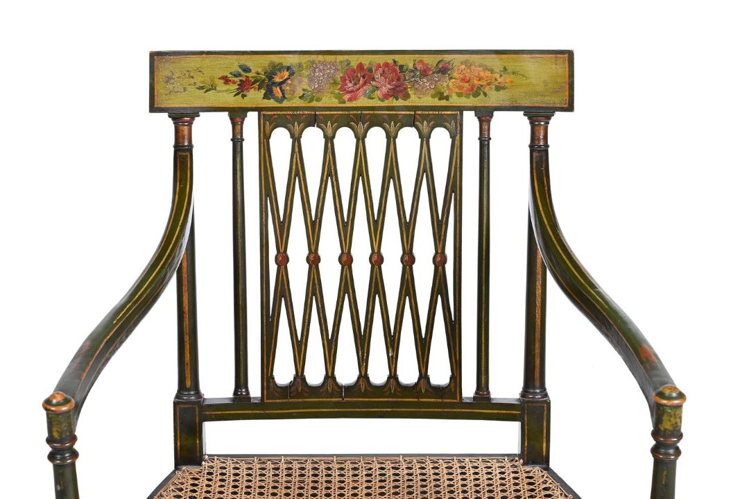 A PAIR OF GREEN AND POLYCHROME PAINTED OPEN ARMCHAIRS, 19TH CENTURY - Image 3 of 4