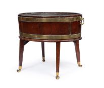 A GEORGE III BRASS BAND MAHOGANY WINE COOLER ON STAND, CIRCA 1780