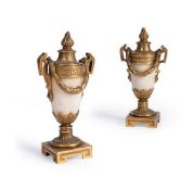 A PAIR OF GEORGE III GILT BRONZE MOUNTED WHITE MARBLE CASSOLETTES, LATE 18TH CENTURY