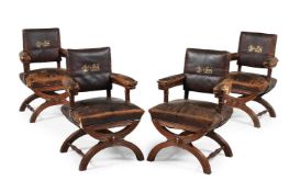 A SET OF FOUR VICTORIAN OAK AND LEATHER UPHOLSTERED ARMCHAIRS, 19TH CENTURY
