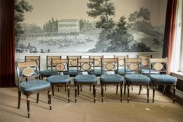 A SET OF TWELVE REGENCY EBONISED AND PARCEL GILT DINING CHAIRS, BY JOHN GEE