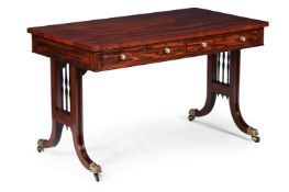A REGENCY FIGURED MAHOGANY AND EBONISED LIBRARY OR WRITING TABLE, ATTRIBUTED TO GILLOWS, CIRCA 1815