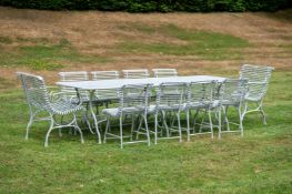 A HAND FORGED AND GREY PAINTED GARDEN 'ARRAS' SUITE, OF RECENT MANUFACTURE